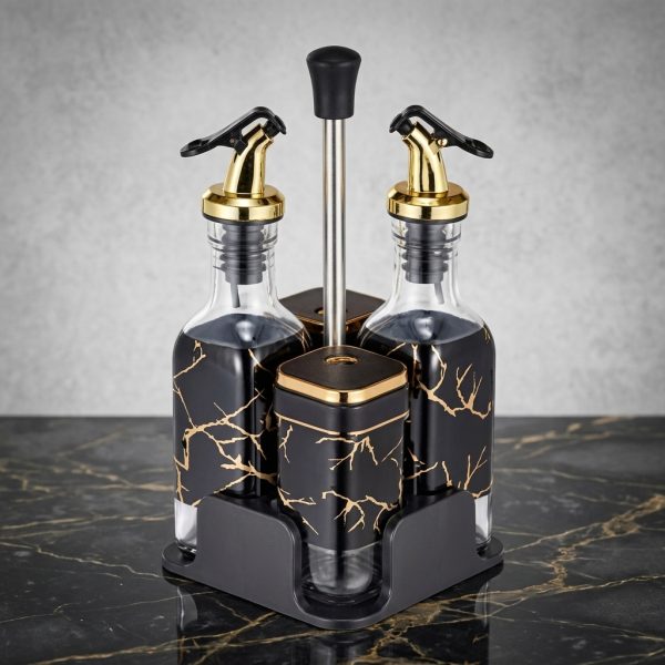 Kitchen Oil & Vinegar Bottles Set – Elegant Black & Gold Design.