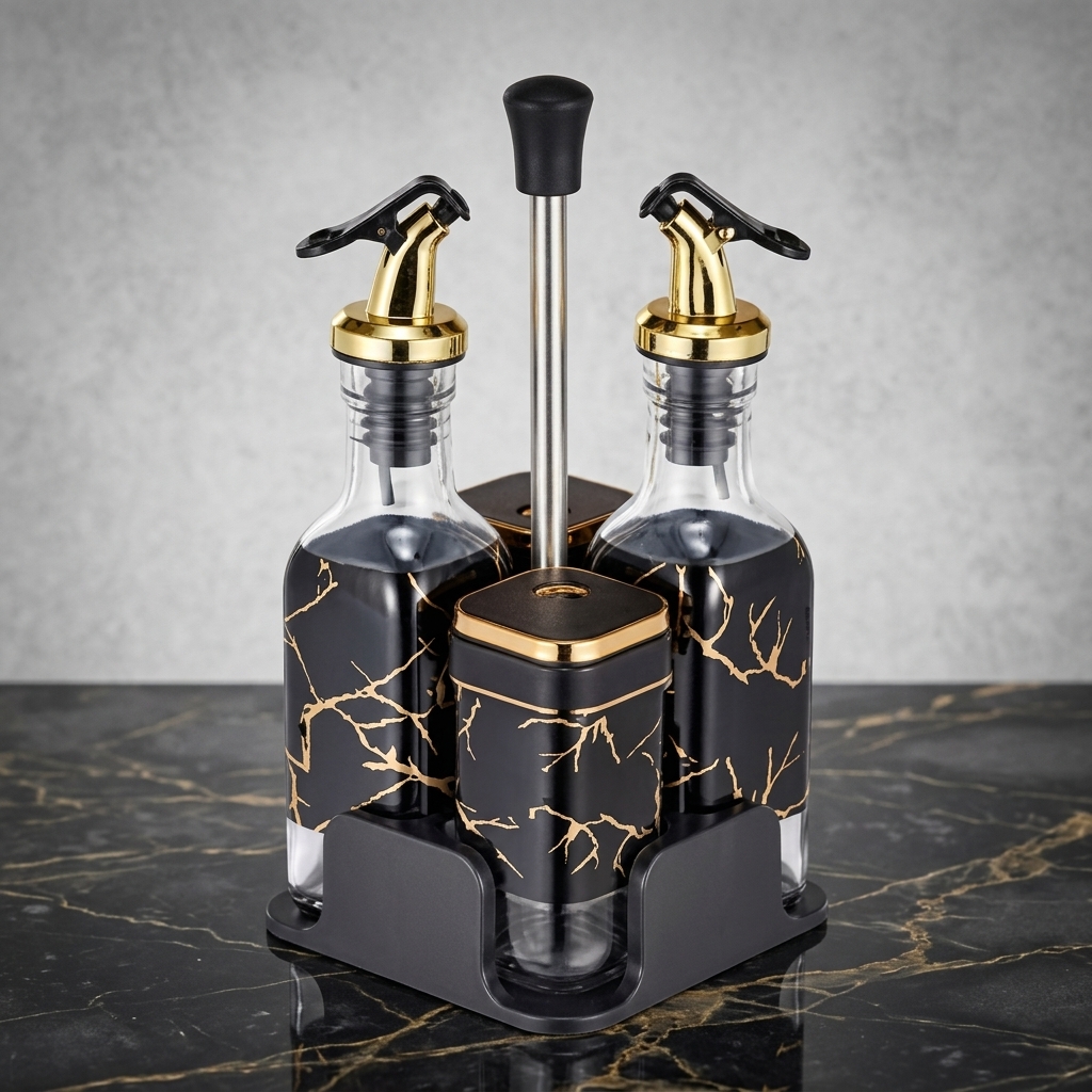Kitchen Oil & Vinegar Bottles Set – Elegant Black & Gold Design.